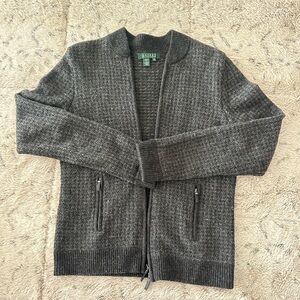 Lauren Ralph Lauren Jacket Lambswool Houndstooth Charcoal Grey Long Sleeve Zip